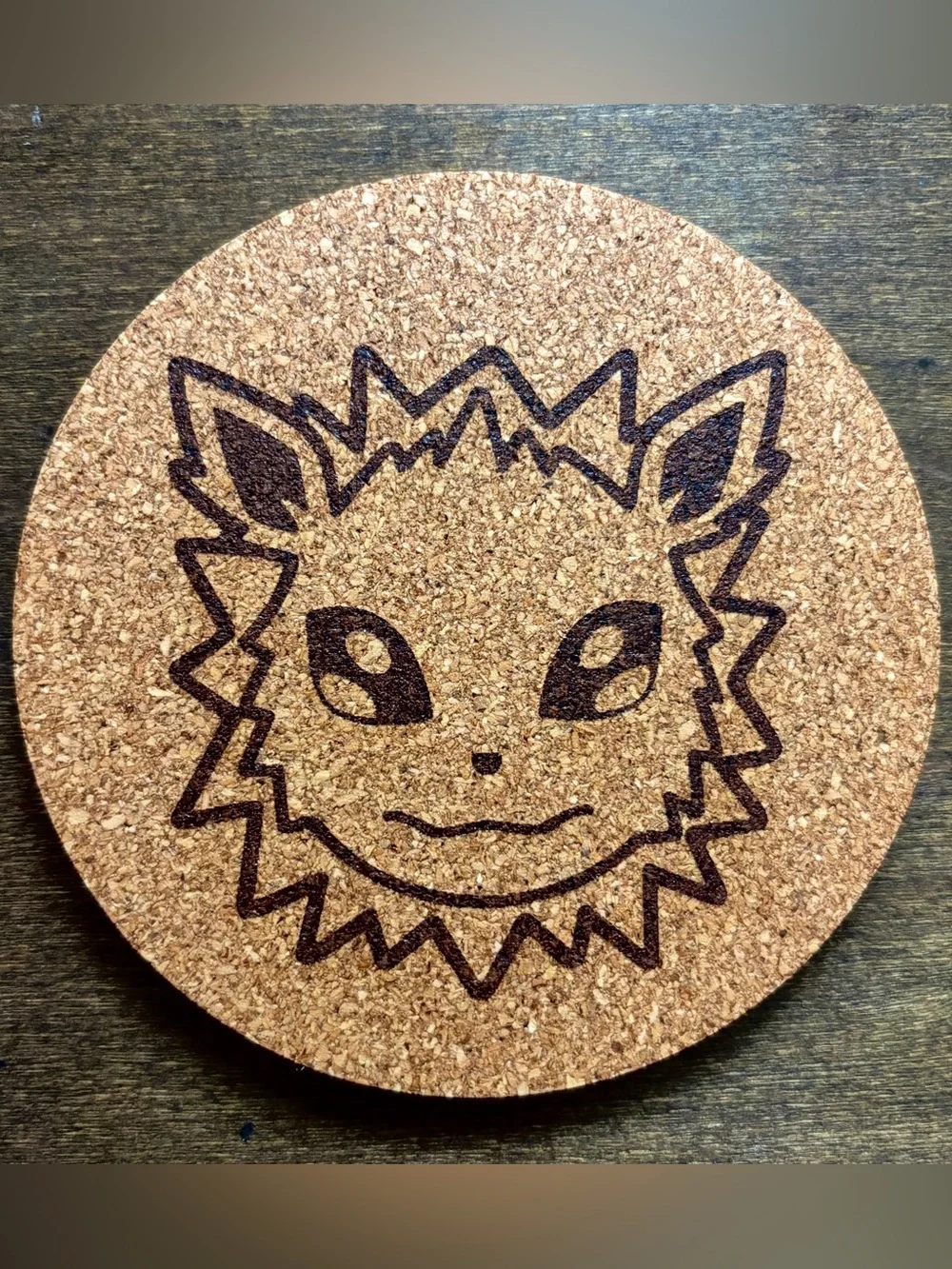 Pokemon Jolteon Face Laser Engraved Cork Coaster